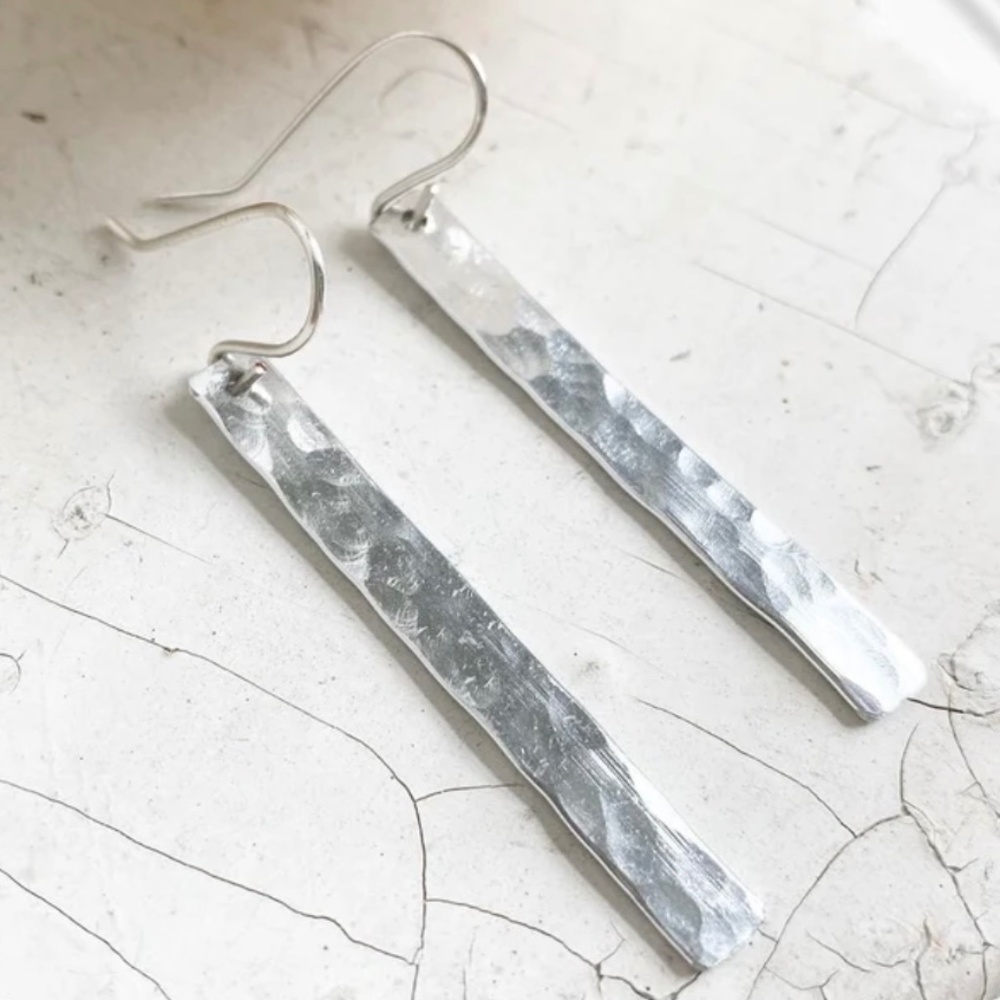 New Handcrafted Unique Hammered Silver Metal Bar Drop Earrings 2” L French Hooks